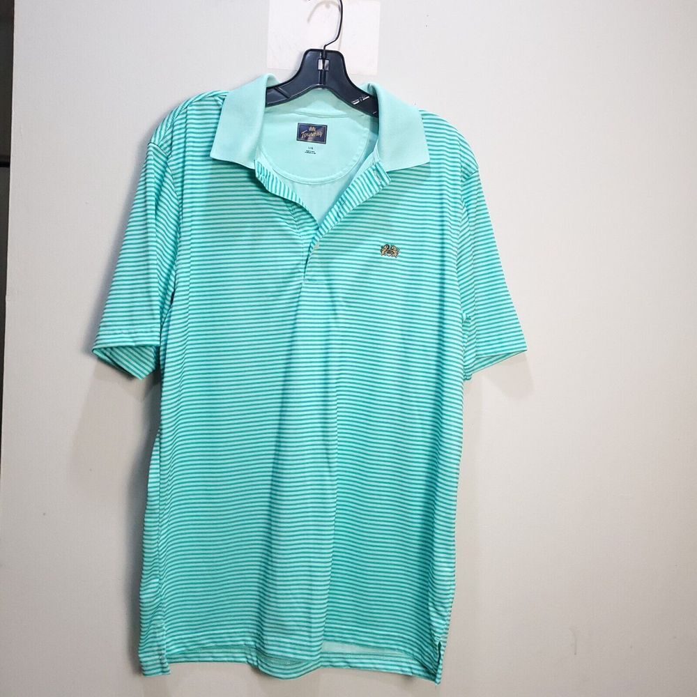 Tourney‎ Polo Shirt Men L Green Golf Stripes Microfiber Polyester Sports Outdoor